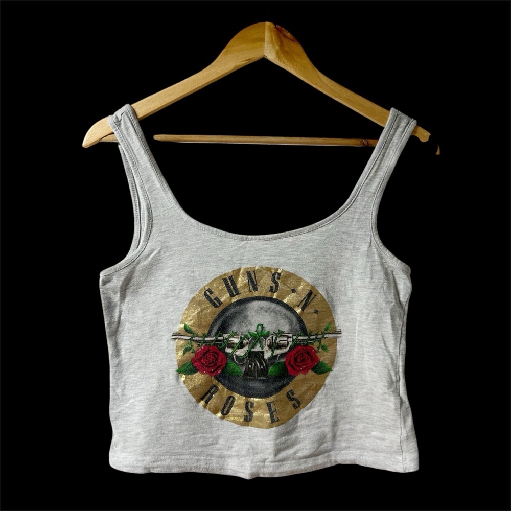Guns N' Roses Crop Tank Top T- Shirt Women's Medium Gray Official Logo EUC